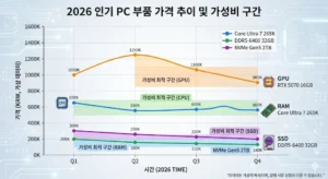 AI PC 조립 견적-2026년 인기 PC 부품들의 가격 추이 그래프. 가성비 구간을 강조하여 표시함.