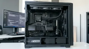 최신 AI PC 케이스 내부 사진. 화려한 RGB보다는 쿨링 효율을 강조한 수냉 쿨러와 대형 그래픽카드가 돋보이는 모습.