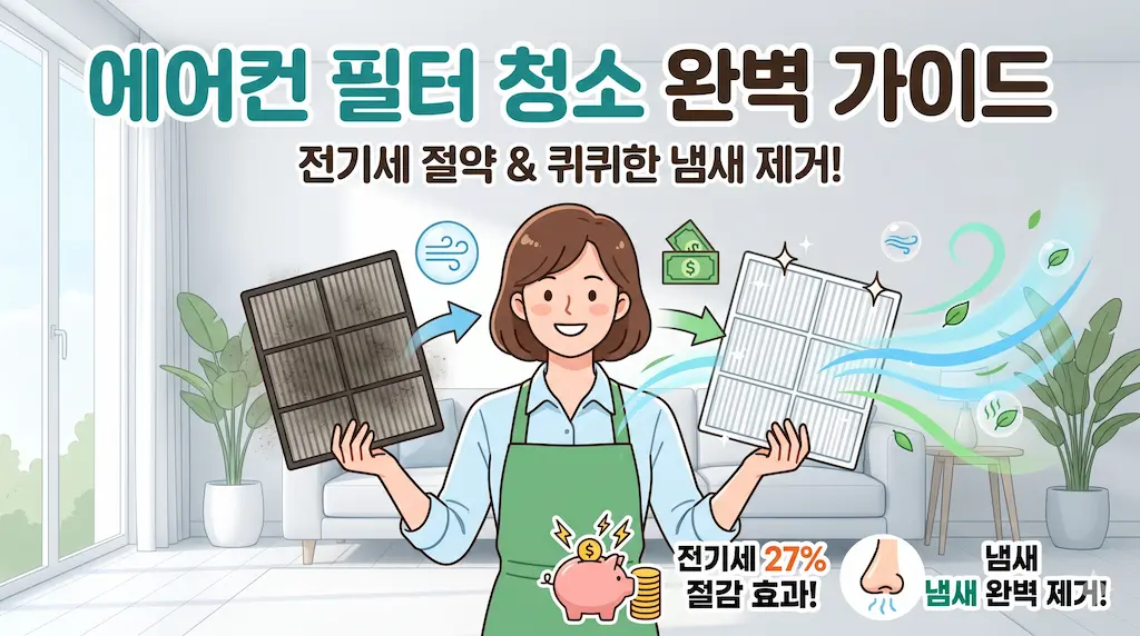 에어컨 필터 청소 완벽 가이드 블로그 썸네일. 더러운 필터와 깨끗한 필터를 비교하며 전기세 절약과 냄새 제거 효과를 설명하는 일러스트
