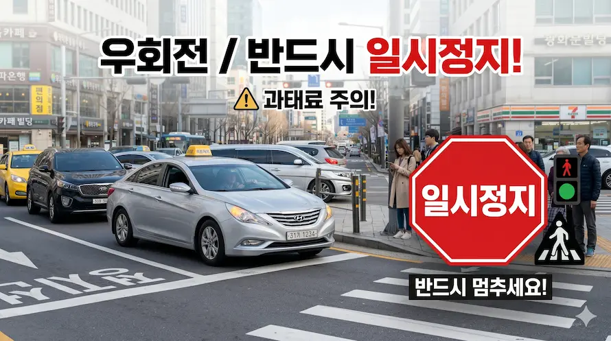 [우회전 일시정지 총정리] 블로그 썸네일. 중앙의 'STOP!' 문구와 3초 카운트다운, '보행자 최우선'을 강조하는 아이콘들이 포함된 인포그래픽형 디자인.