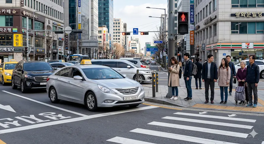 우회전 일시정지 의무를 준수하며 정지선에 멈춰 선 승용차와 횡단보도 보행자