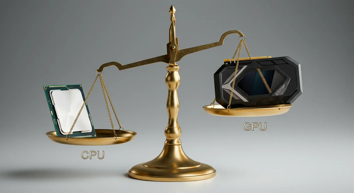 CPU와 GPU 칩이 균형을 이루는 저울 위에 올려져 영상 편집 성능의 중요성을 시각적으로 표현