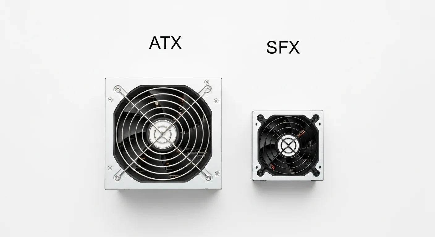 SFX 파워 서플라이 장단점 및 미니 ITX 조립 시 주의사항 - SFX 파워 서플라이와 ATX 파워 서플라이의 크기를 비교하는 이미지. SFX 파워의 장점인 작은 크기를 명확히 보여주며, SFX 파워 서플라이 장단점을 시각적으로 설명합니다.