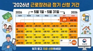 2026년 근로장려금 정기 신청 기간인 5월 1일부터 5월 31일까지를 강조한 달력 인포그래프