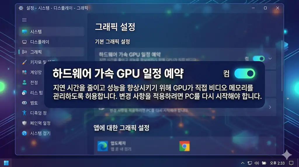 윈도우 12 그래픽 설정에서 하드웨어 가속 GPU 일정 예약 버튼을 켜는 설정 화면 캡처