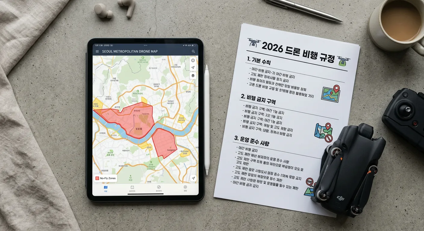 2026년 드론 비행 금지 구역을 나타내는 지도와 규정 문서