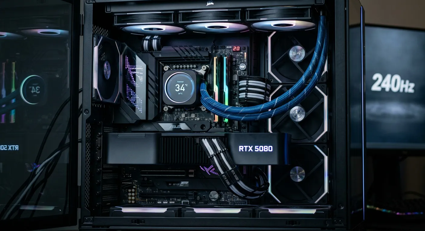 고사양 그래픽카드와 CPU가 보이는 컴퓨터 내부. 240Hz 모니터의 성능 요구 사항을 상징.