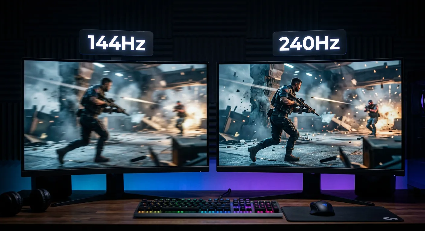 144Hz 모니터와 240Hz 모니터를 나란히 놓고 FPS 게임 화면을 비교하는 모습.