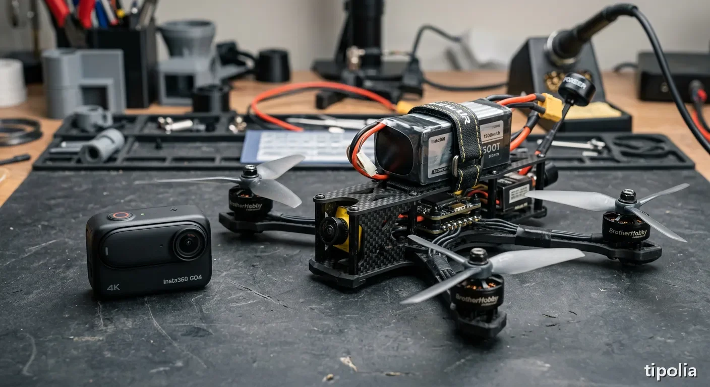 FPV 드론 옆에 놓인 작고 가벼운 인스타360 GO4 액션캠